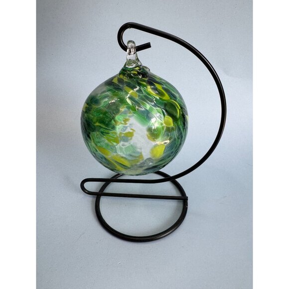 Handcrafted Green & Yellow Swirl Friendship Spirit Glass Ball With Stand - Picture 1 of 6